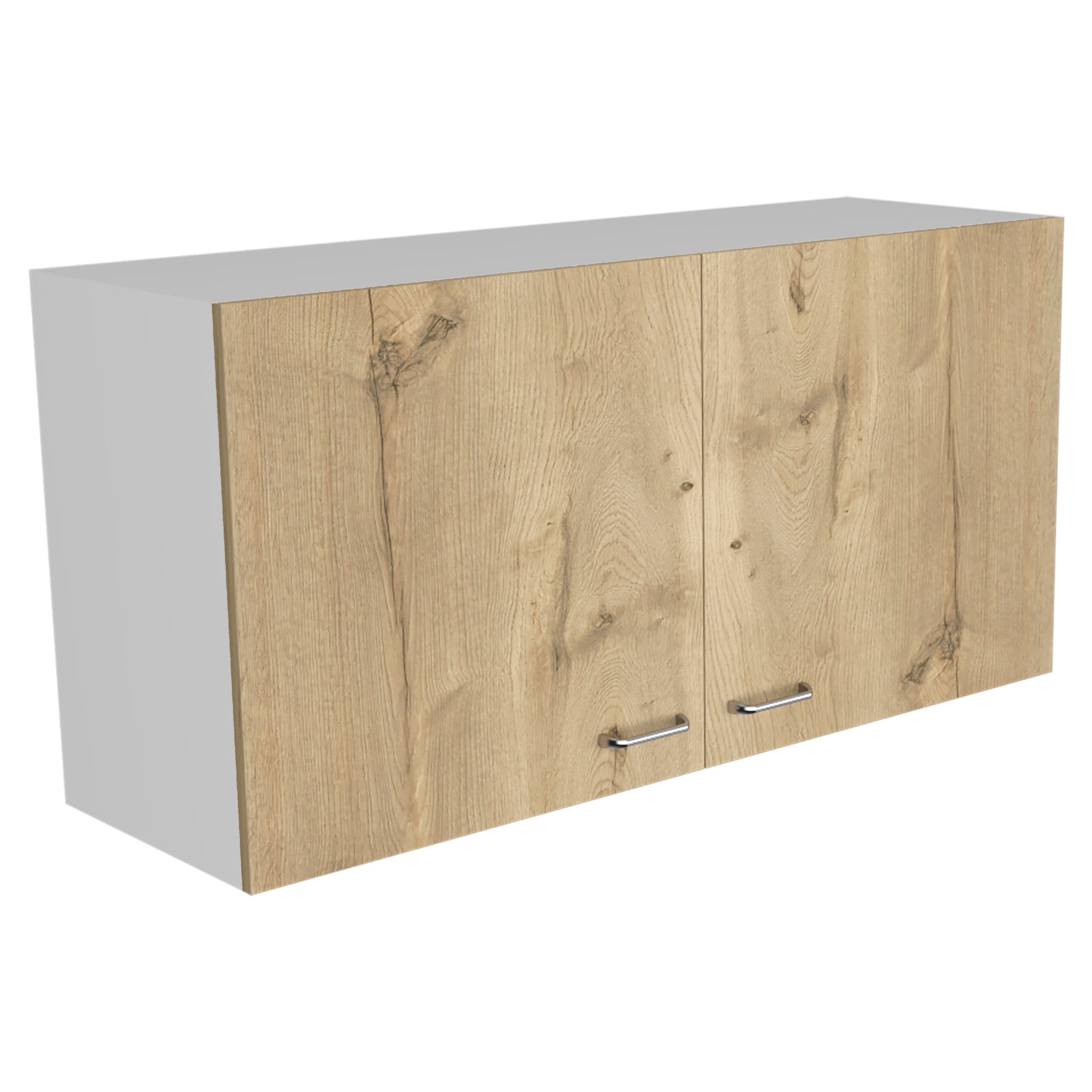 Modern oak effect wall cabinet with two doors and silver handles