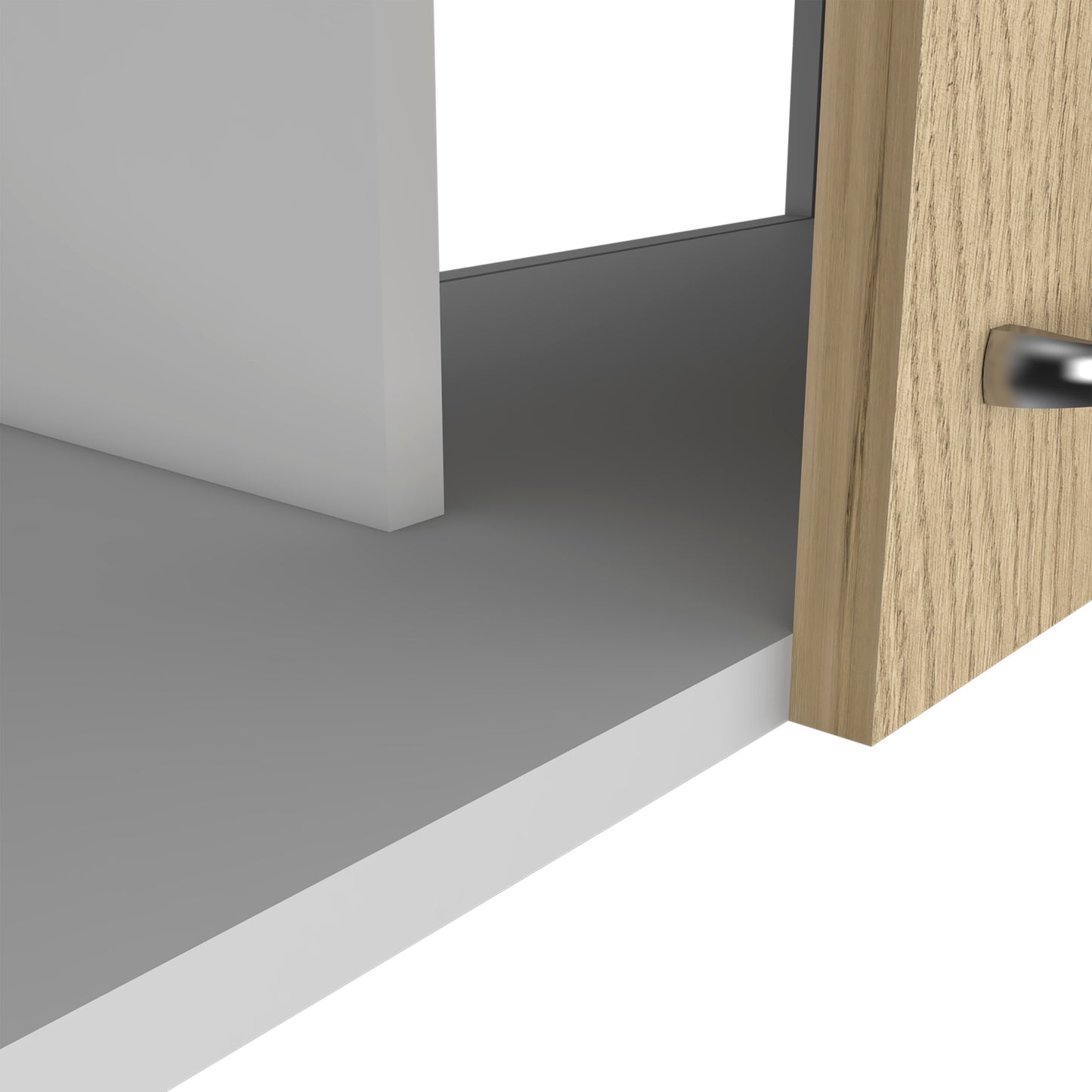 Closeup of a light oak wood drawer front with a brushed nickel handle