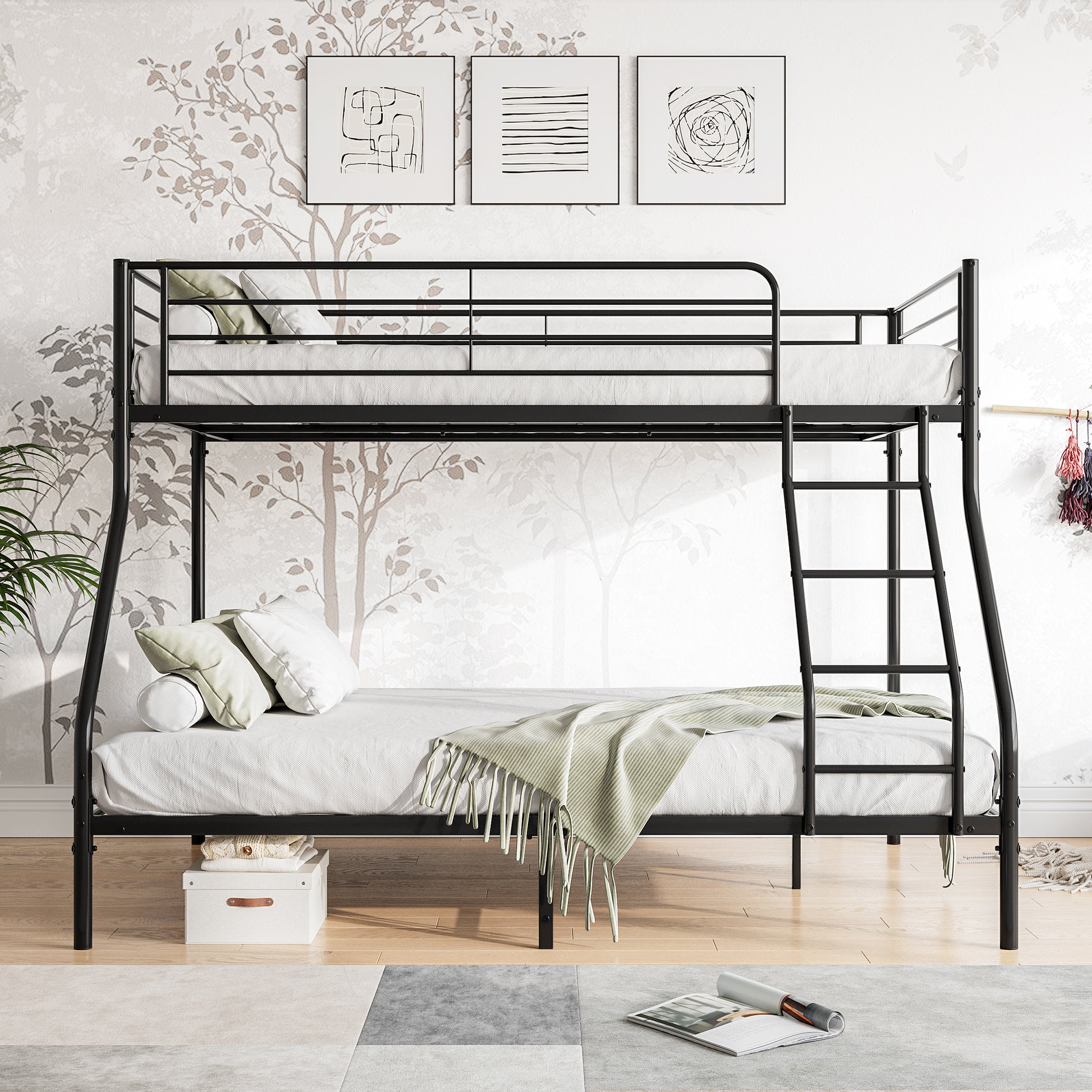 Black metal triple bunk bed with white mattresses and green accent pillows