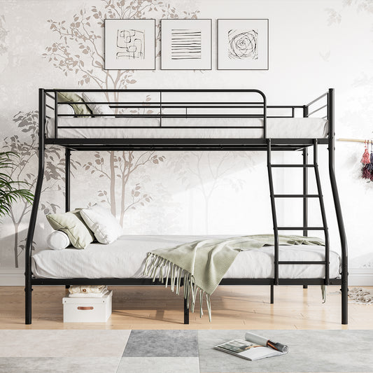 Black metal triple bunk bed with white mattresses and green accent pillows