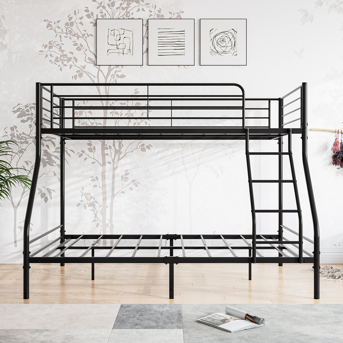 Heavy Duty Twin-Over-Full Metal Bunk Bed with Guardrails, Black