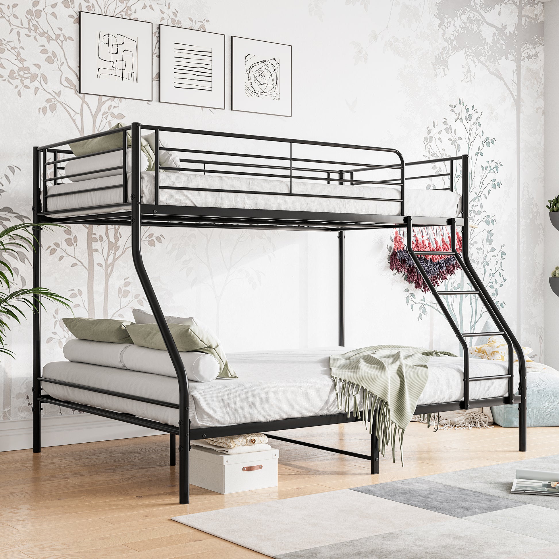 Black metal twin over full bunk bed with ladder and white mattresses