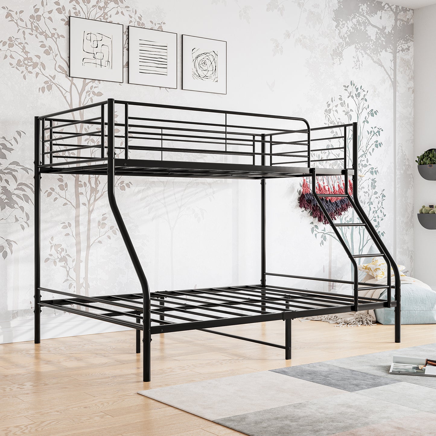 Black metal twin over twin bunk bed frame with ladder