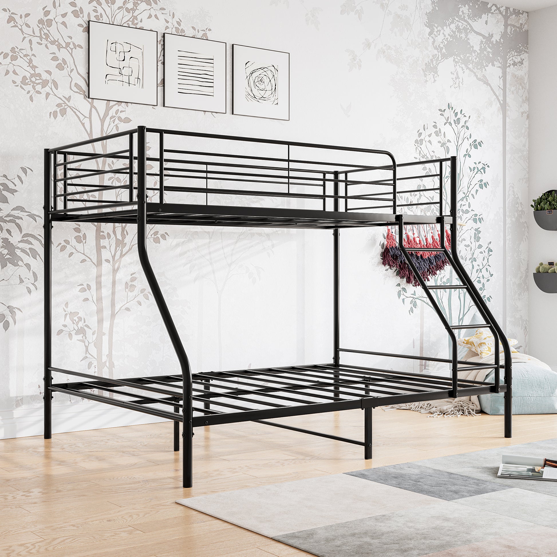 Black metal twin over twin bunk bed frame with ladder