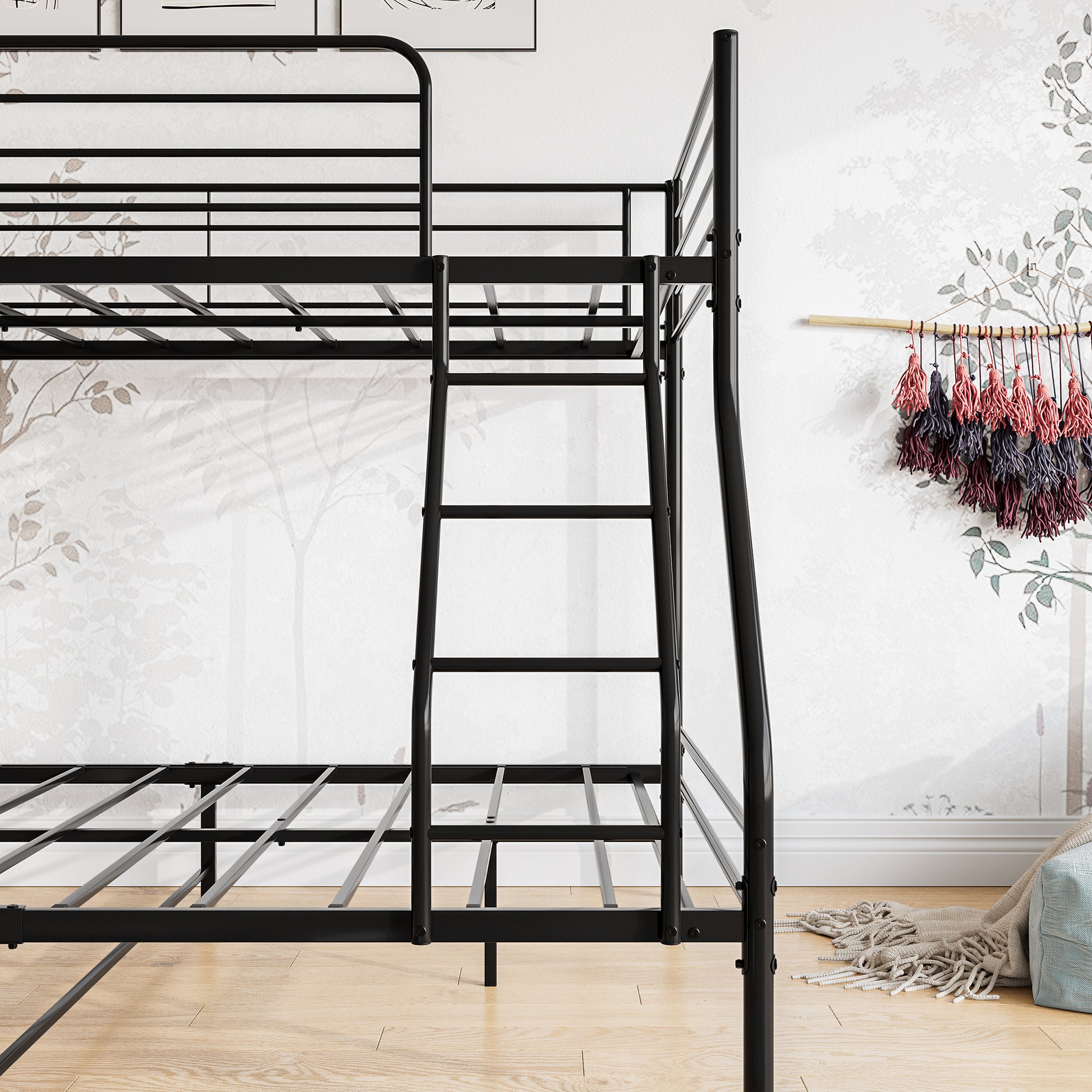 Black metal bunk bed frame with ladder for kids room