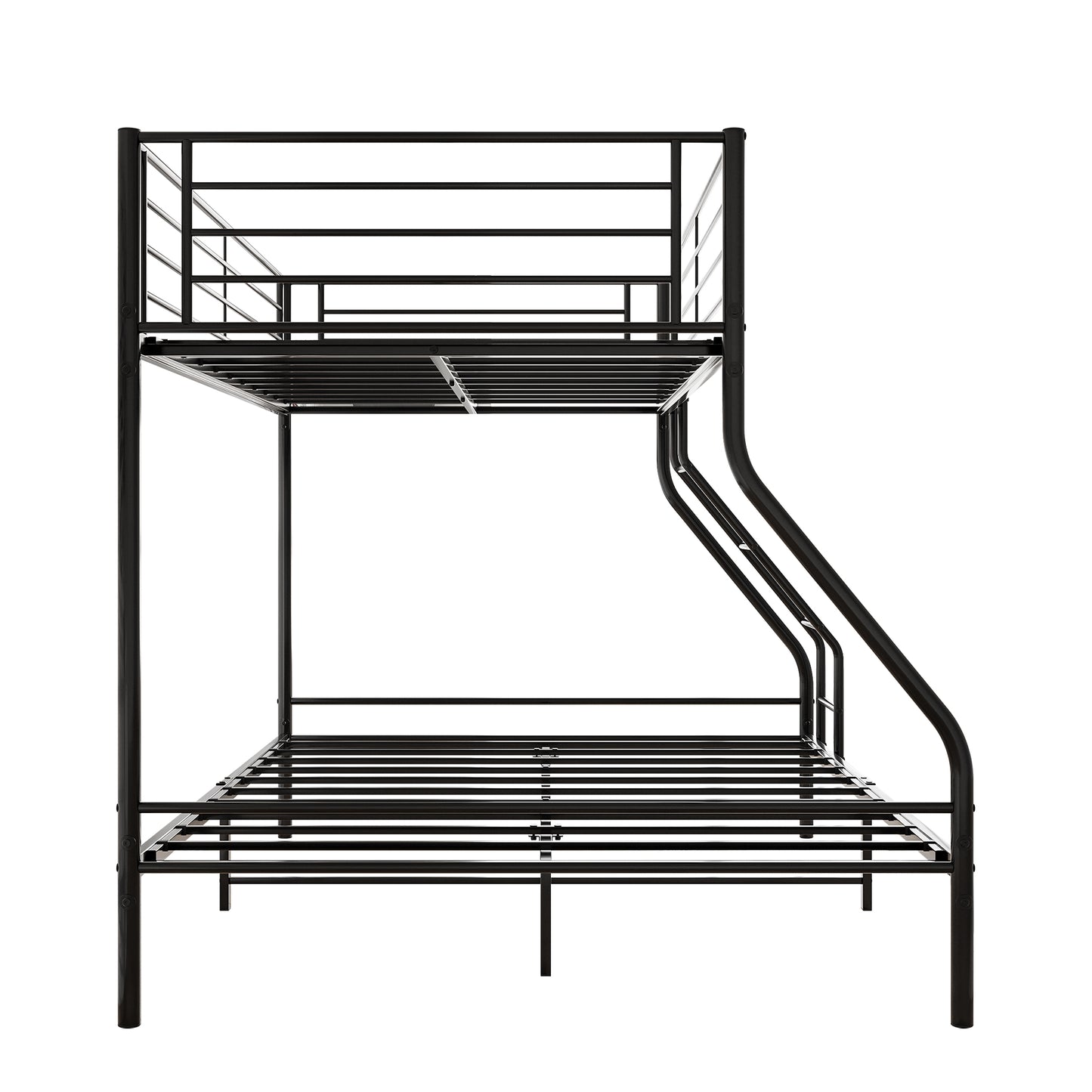 Black metal triple bunk bed frame with guardrails on top bunk