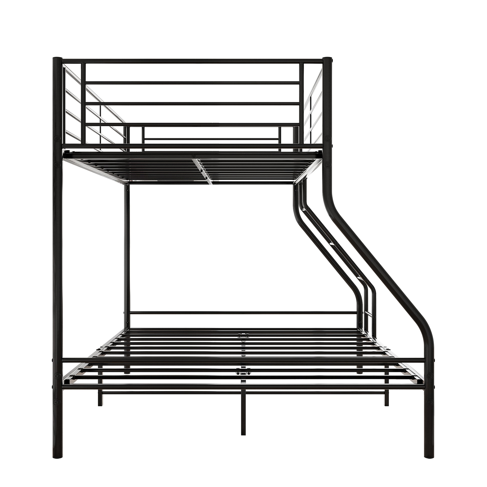 Black metal triple bunk bed frame with guardrails on top bunk