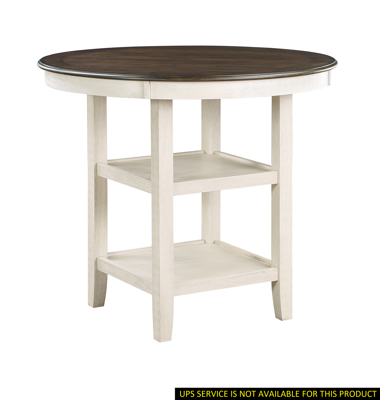 Round dark wood top counter height table with white distressed base and two shelves