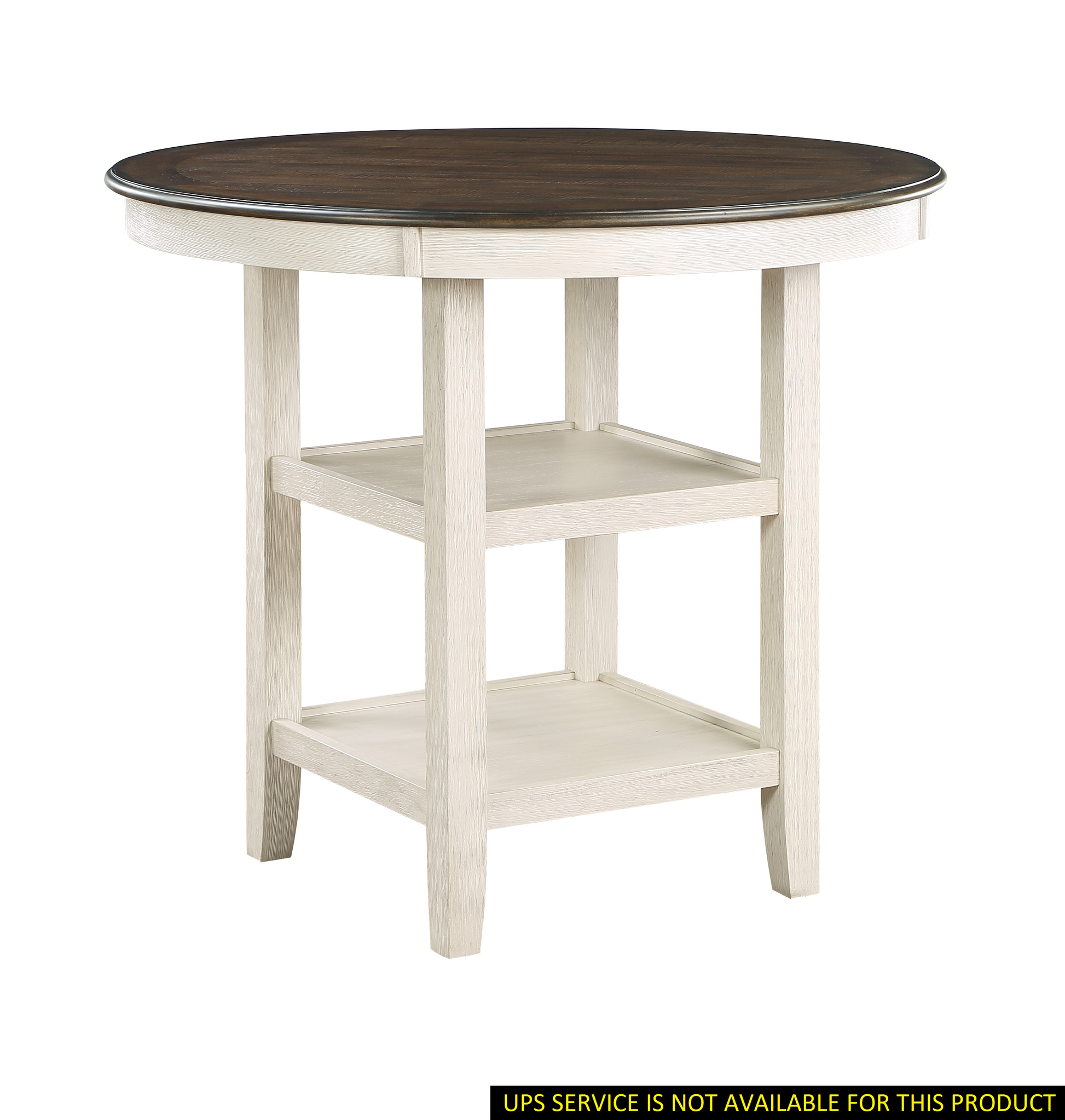 Round dark wood top counter height table with white distressed base and two shelves