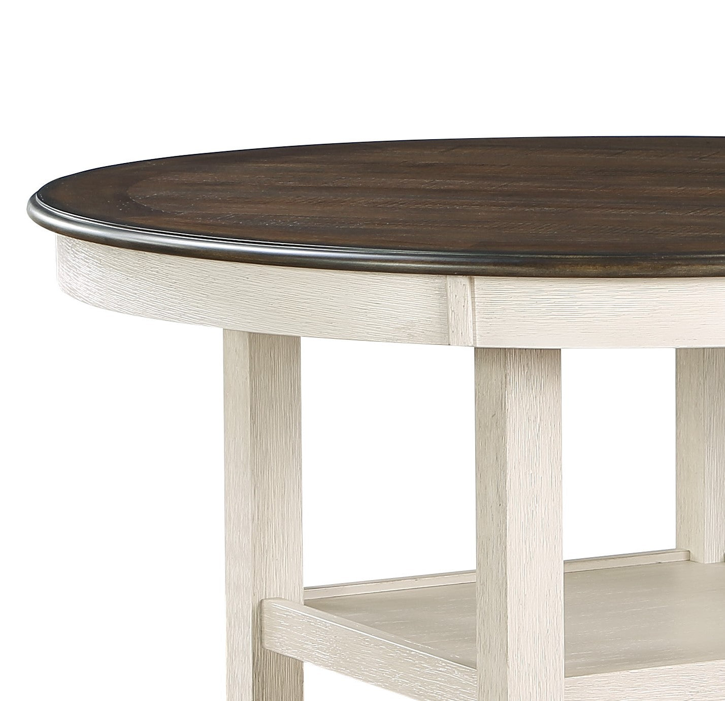 Oval dining table with distressed white base and dark wood top