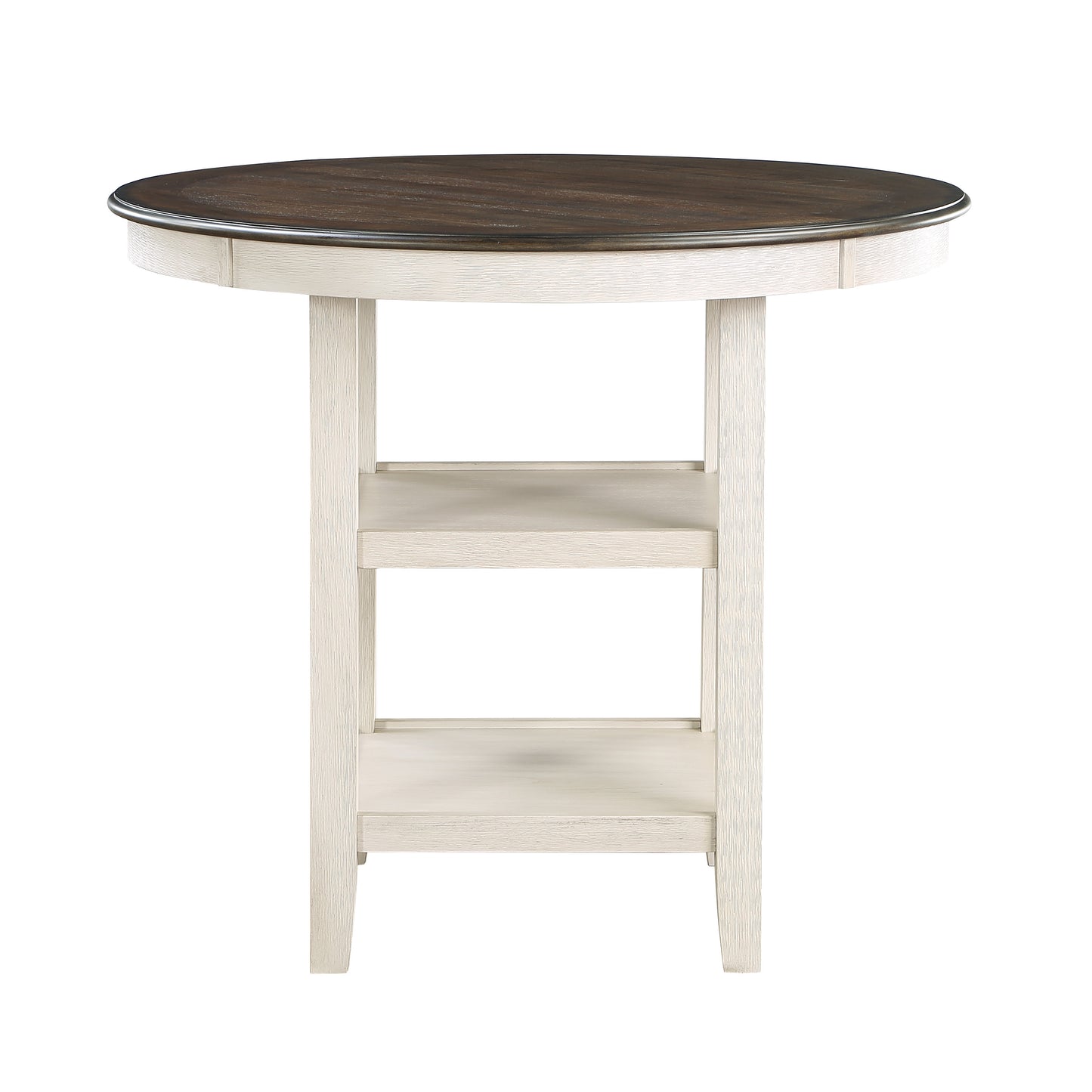 Round dark wood top counter table with white wood base and two shelves