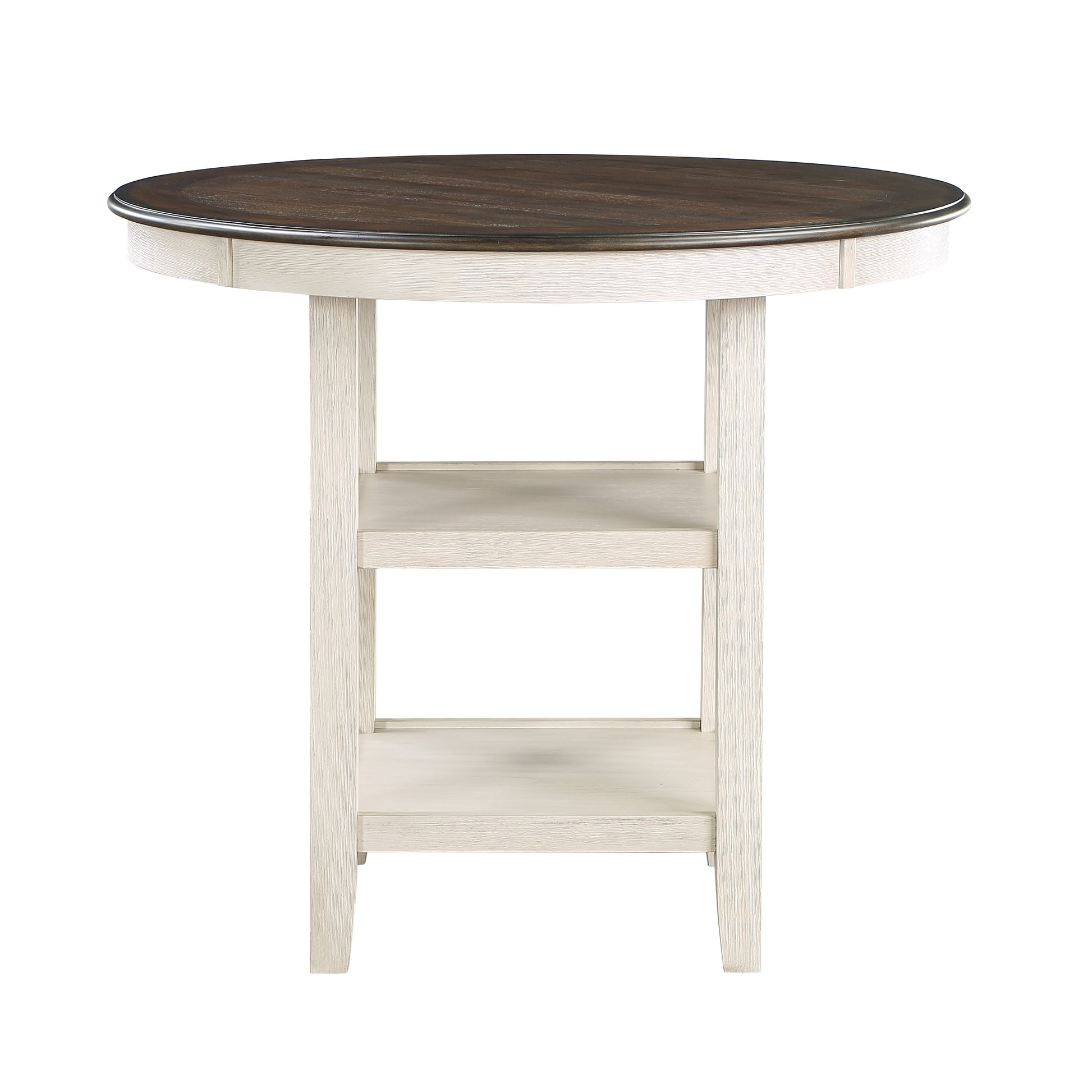 Round dark wood top counter table with white wood base and two shelves