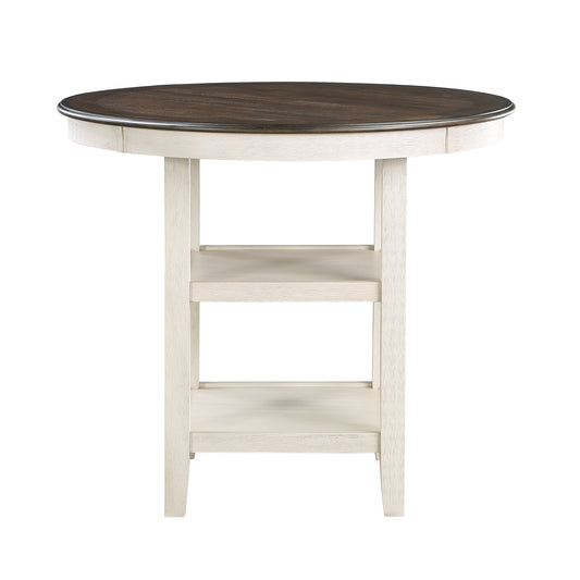 Round dark wood top counter table with white wood base and two shelves