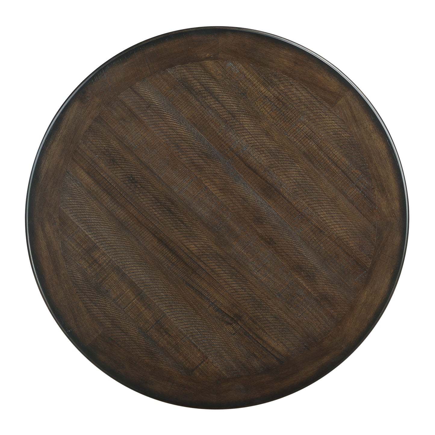 Dark wood round end table top with chevron pattern