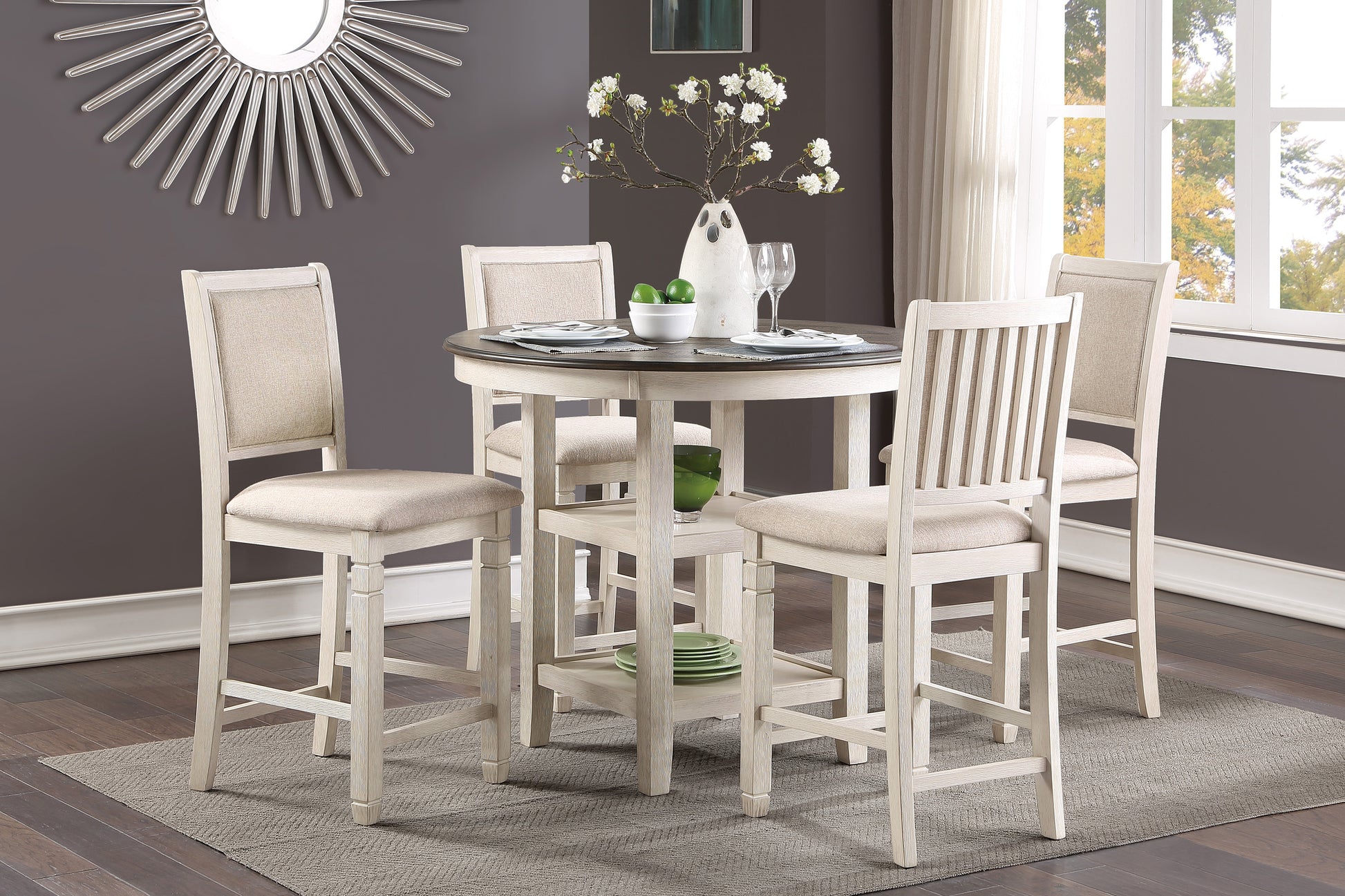 White washed wood counter height dining set with upholstered seats