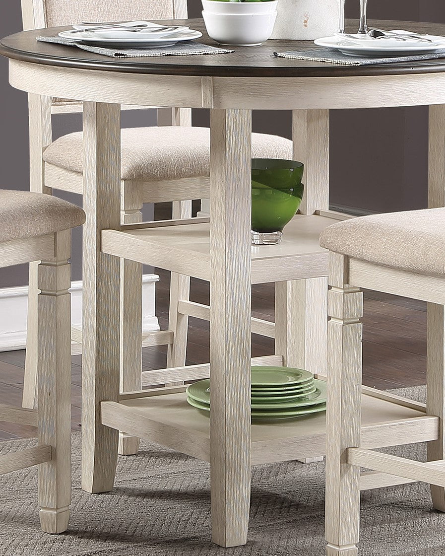 Rustic farmhouse counter height table with wood grain finish and builtin shelves