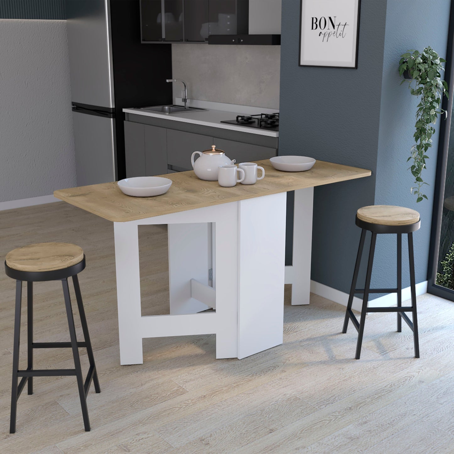 Compact drop leaf dining table with oak veneer top and white legs