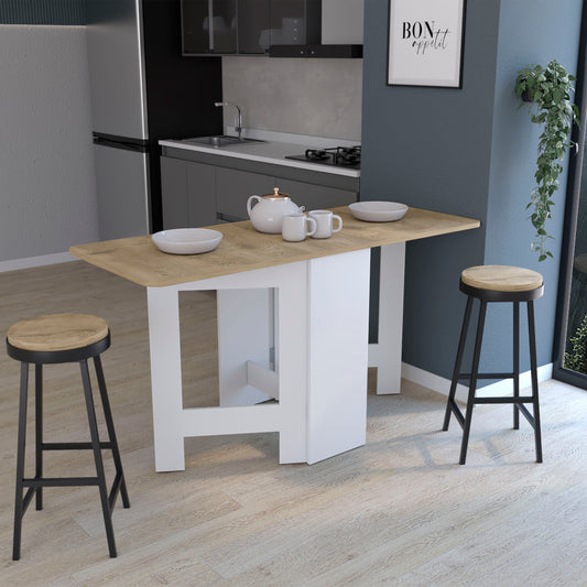 Compact drop leaf dining table with oak veneer top and white legs