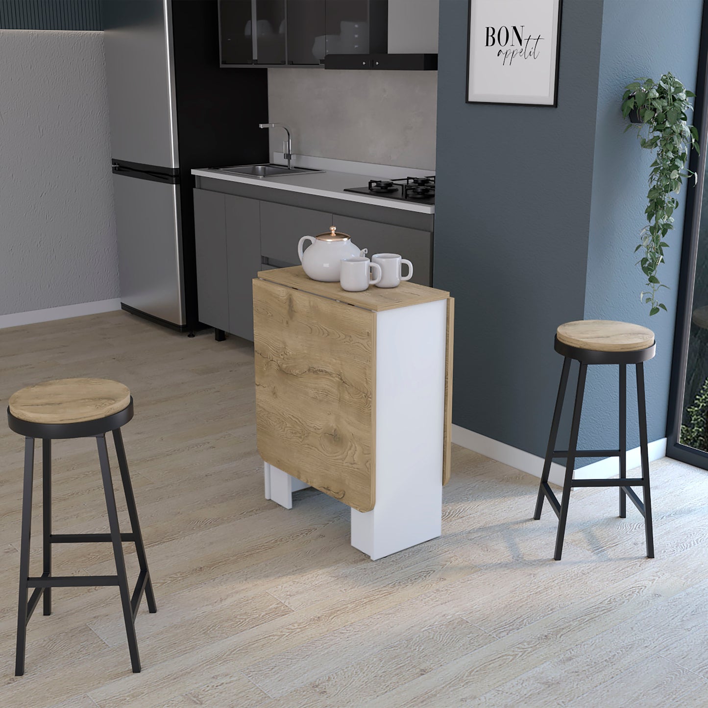 Compact dropleaf dining table in light oak and white