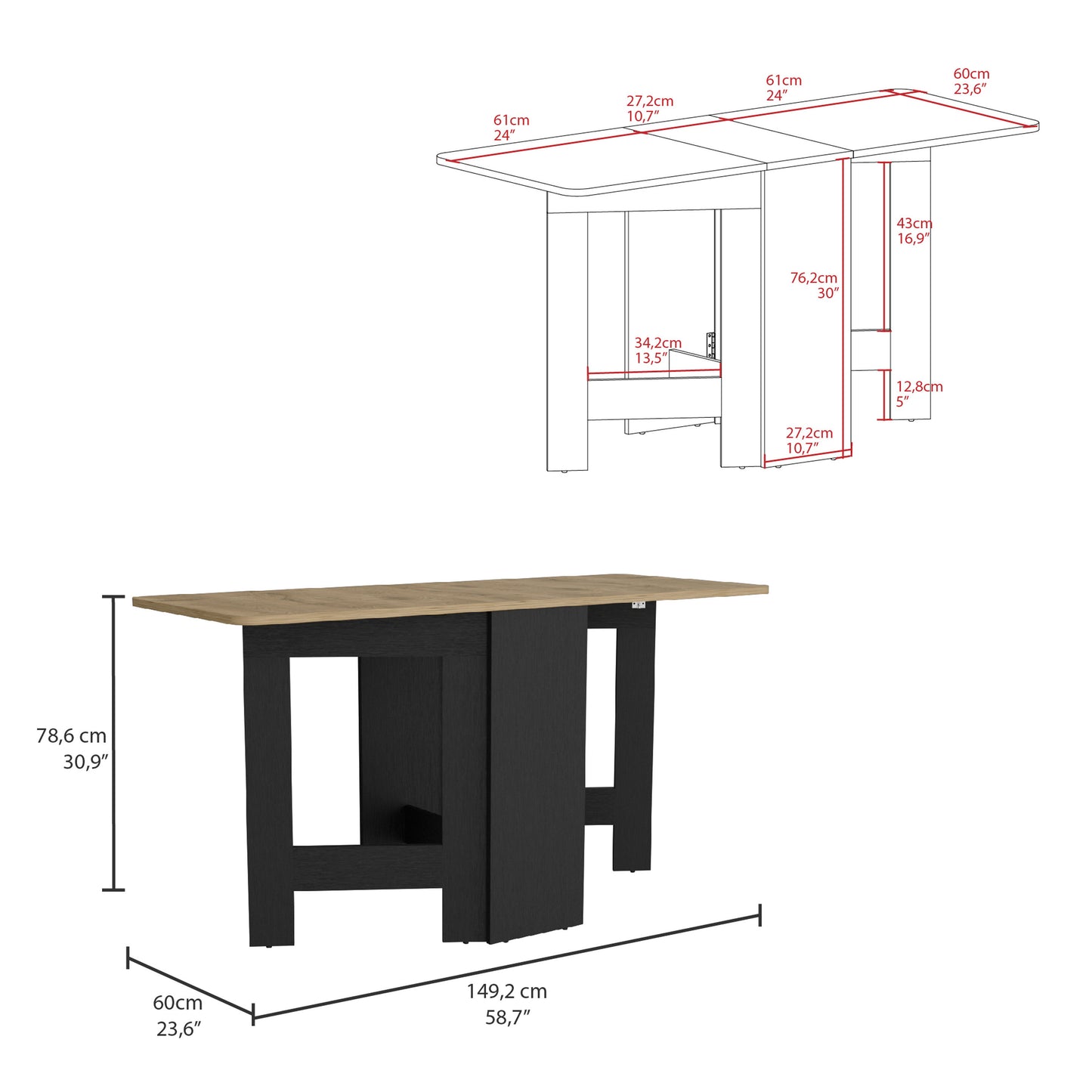 Foldable dining table with light oak top and black base