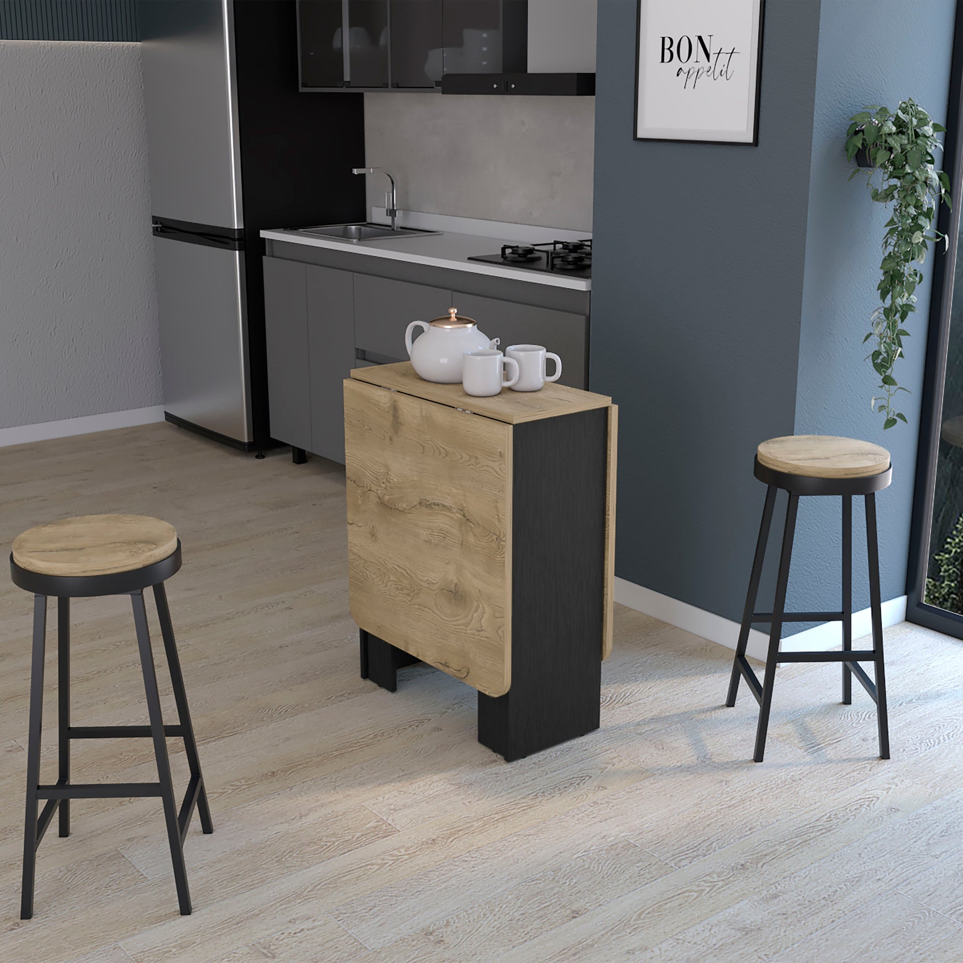 Modern dropleaf dining table with light wood finish and black base