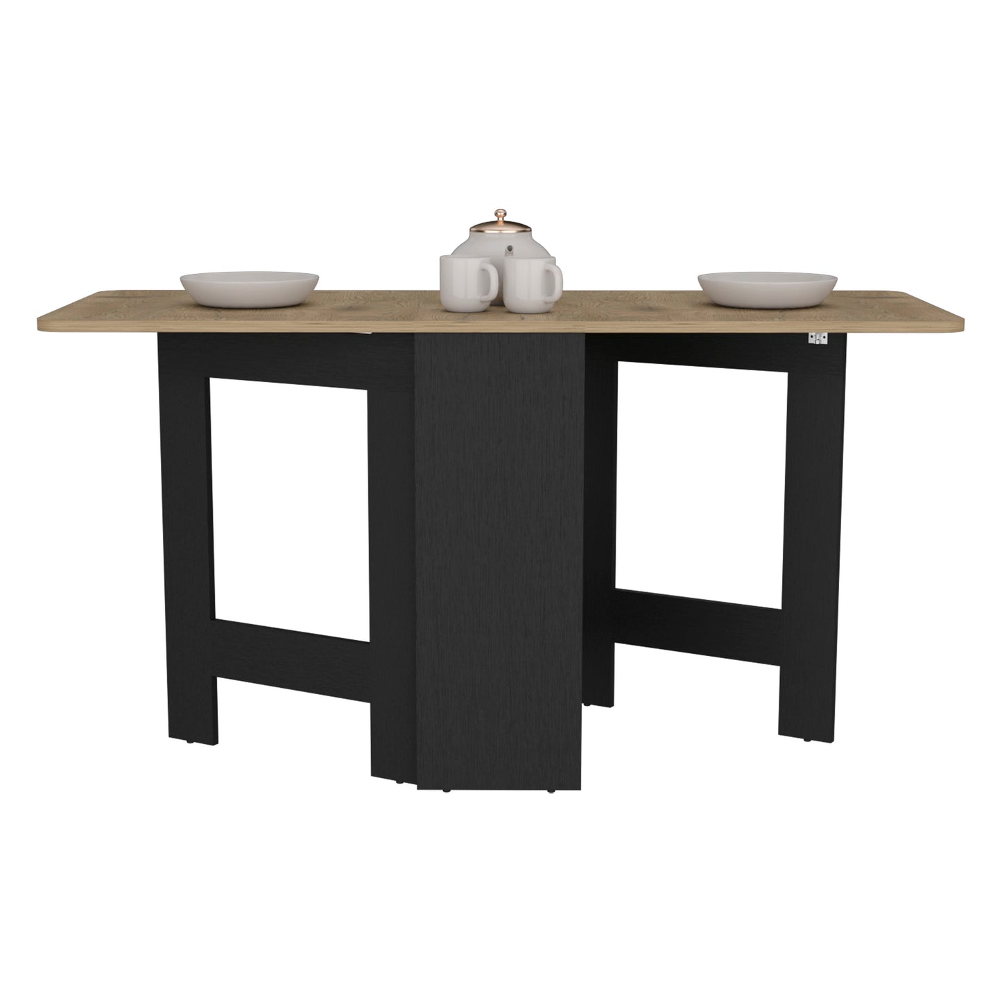 Modern dining table with black base and oak veneer top
