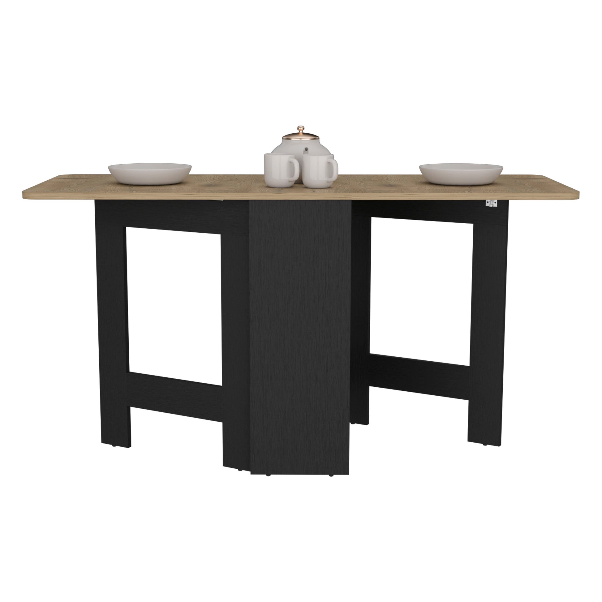 Modern dining table with black base and oak veneer top