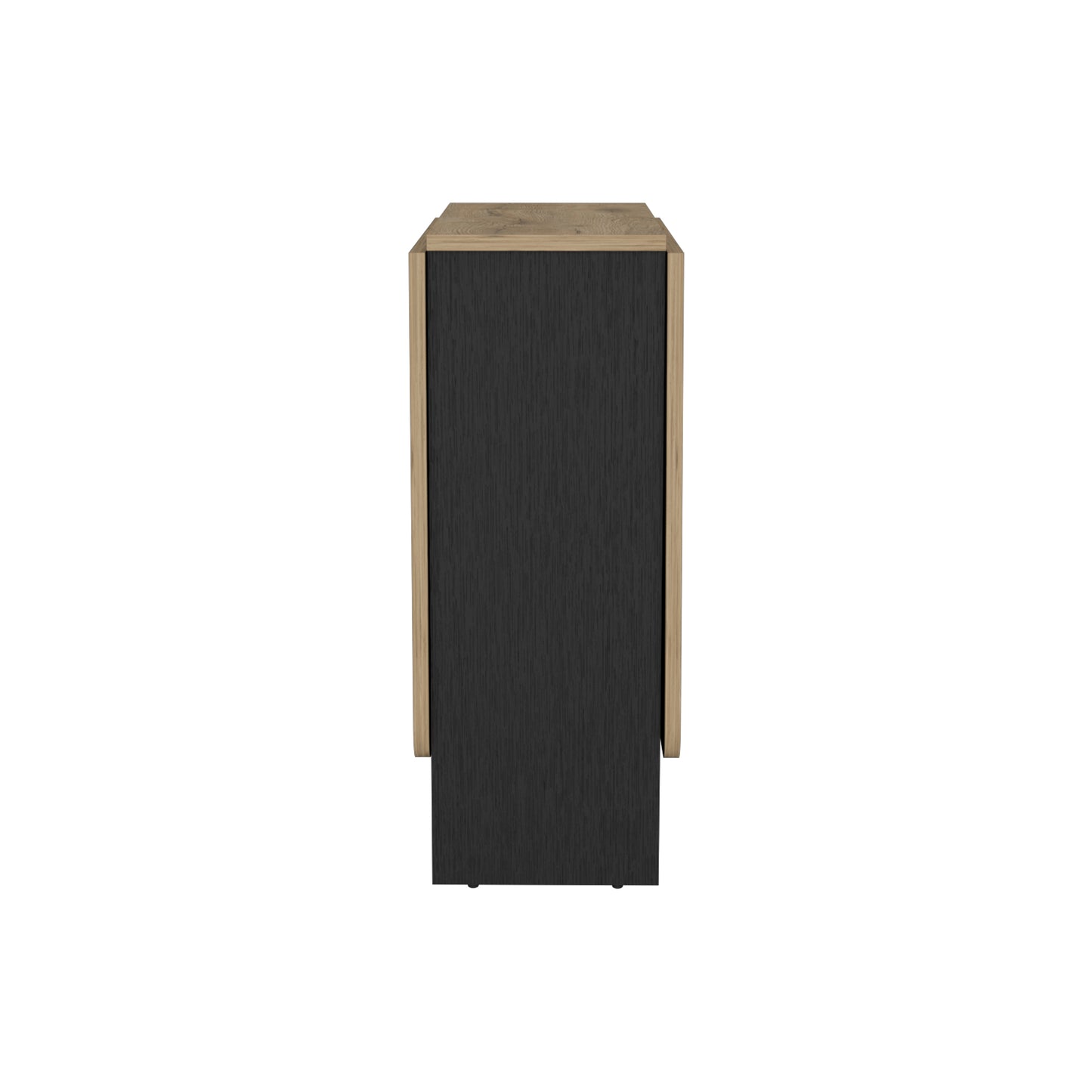 Compact modern side table with black textured drawer and natural wood top