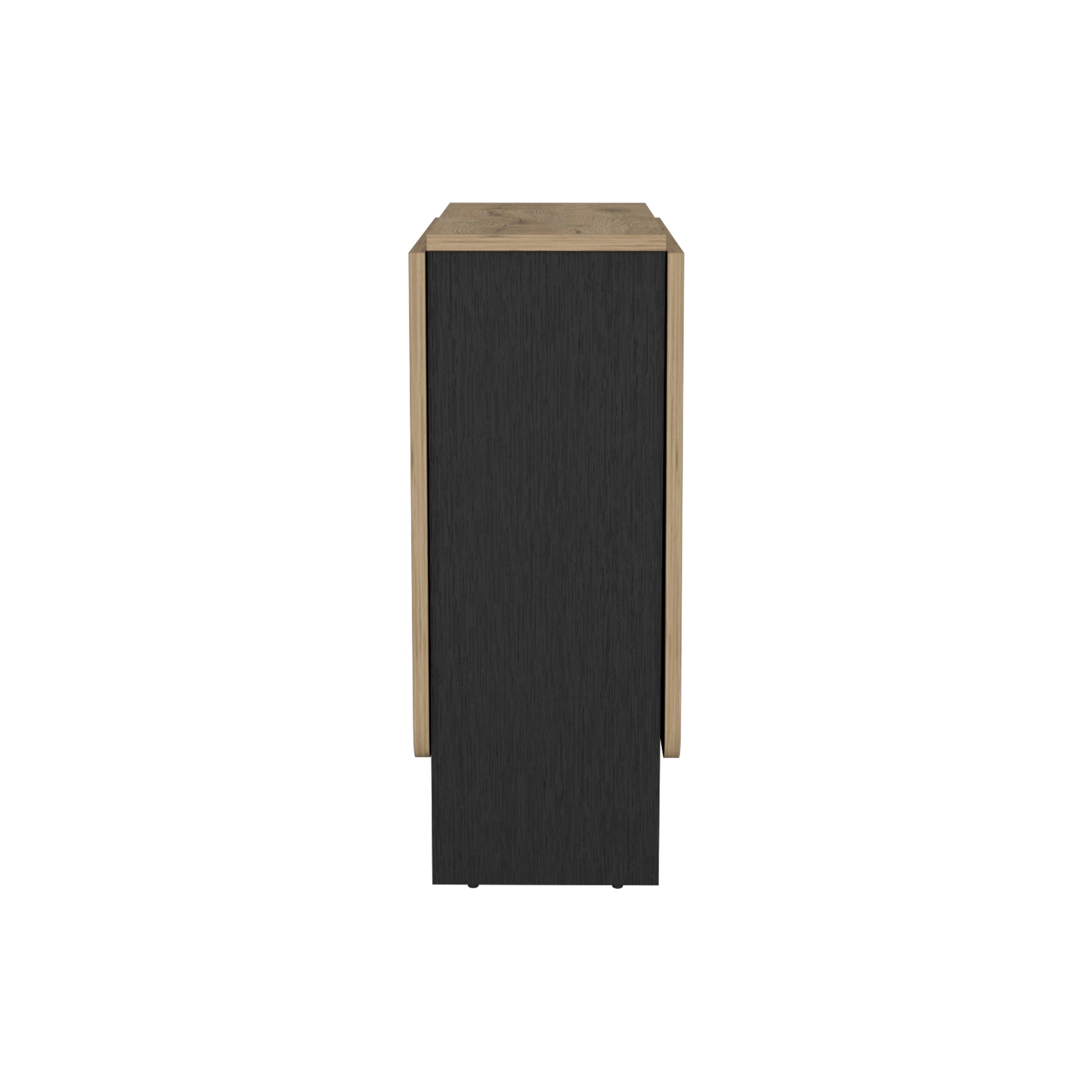 Compact modern side table with black textured drawer and natural wood top