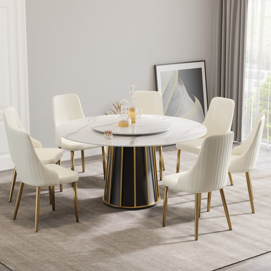 Round marble dining table with lazy susan and cream velvet chairs