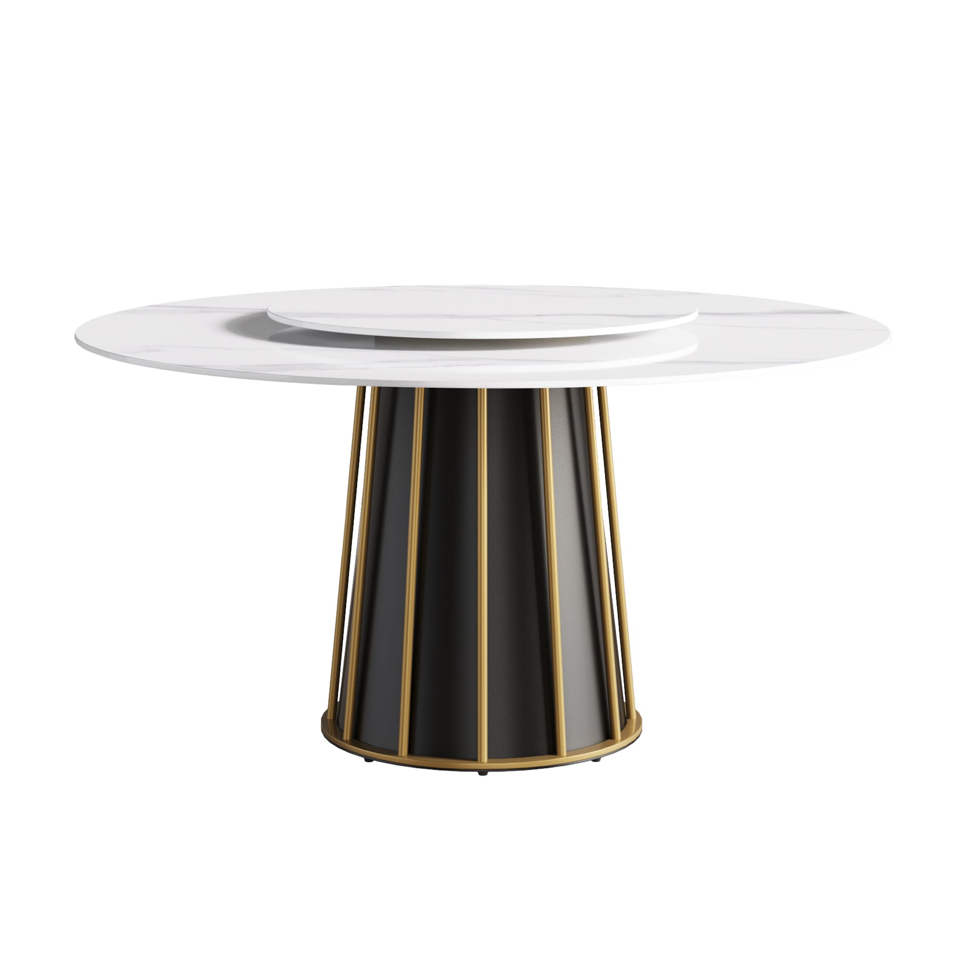 Modern round dining table with white marble top and black pedestal base with gold accents