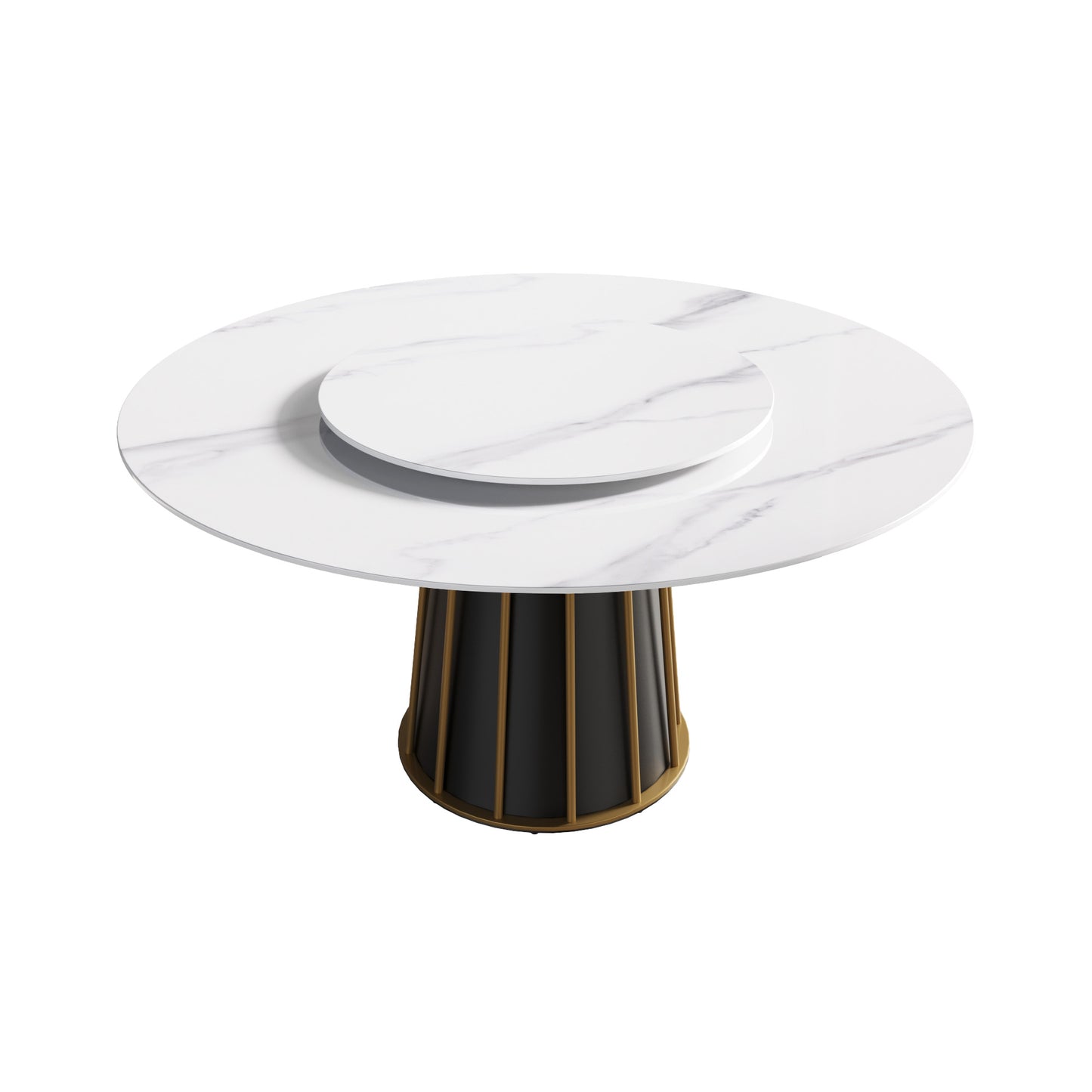 Round marble dining table with a rotating lazy susan and black ribbed base