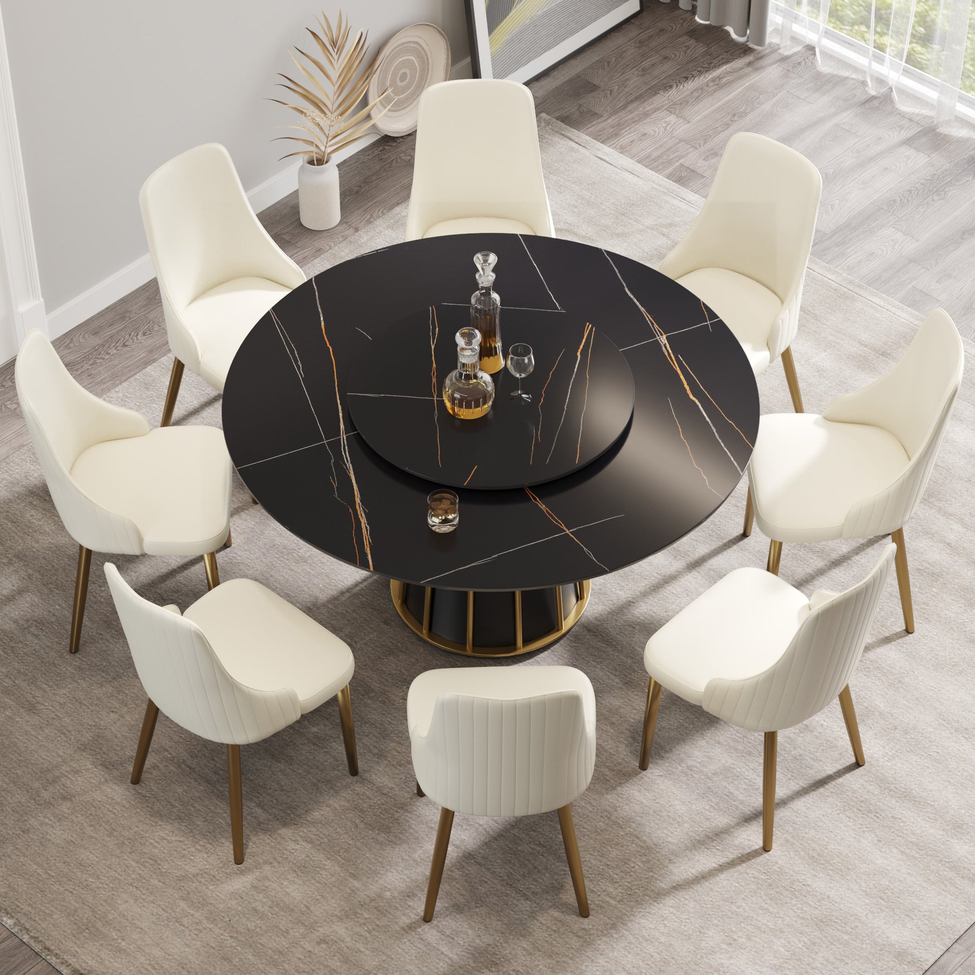 Black marble dining table with lazy susan and gold base