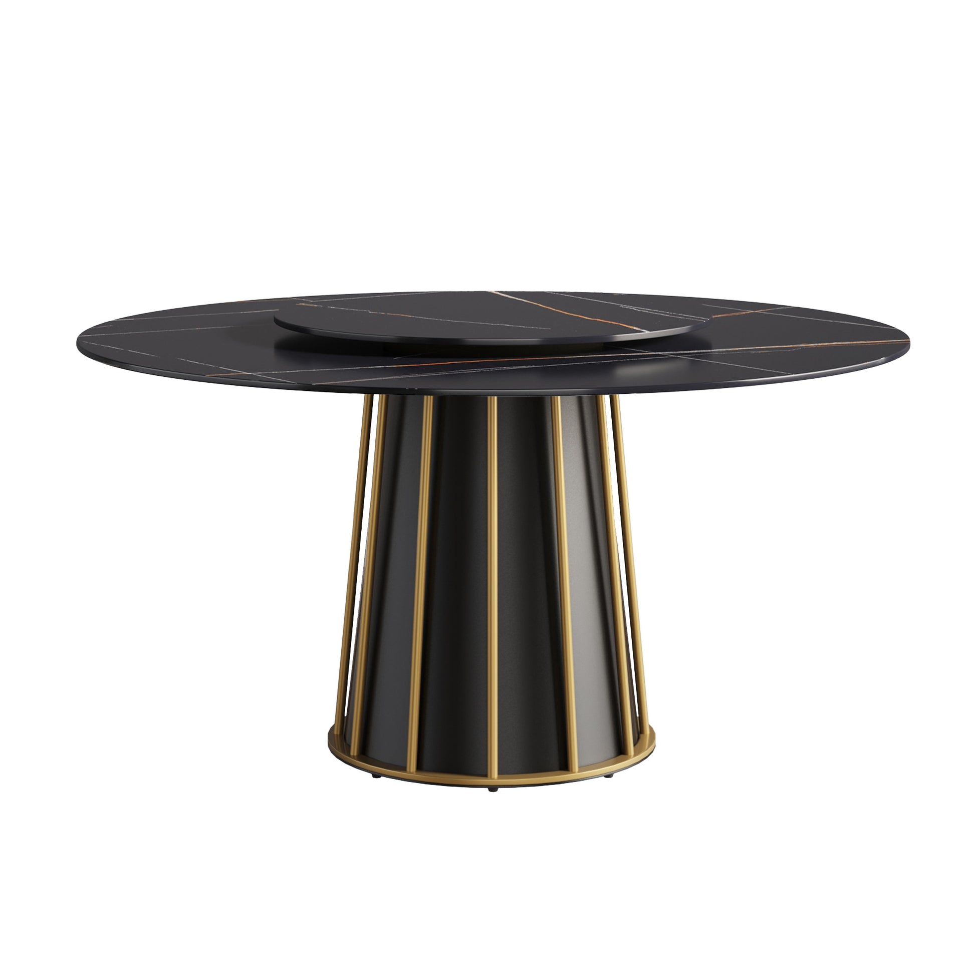 Black marble dining table with gold accents and pedestal base