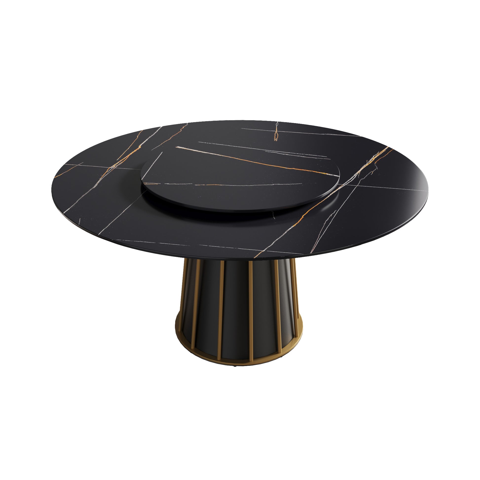 Black marble dining table with gold veining and a tiered lazy susan