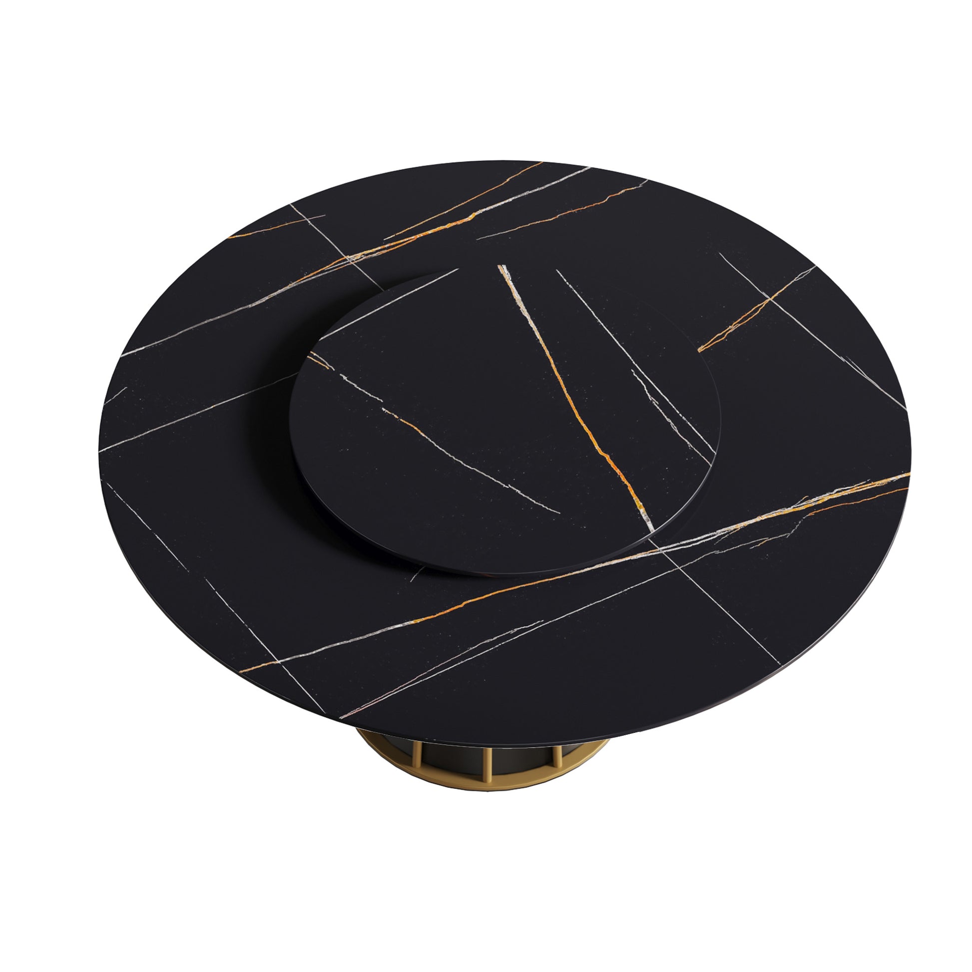 Modern black marble coffee table with gold veining and a gold base