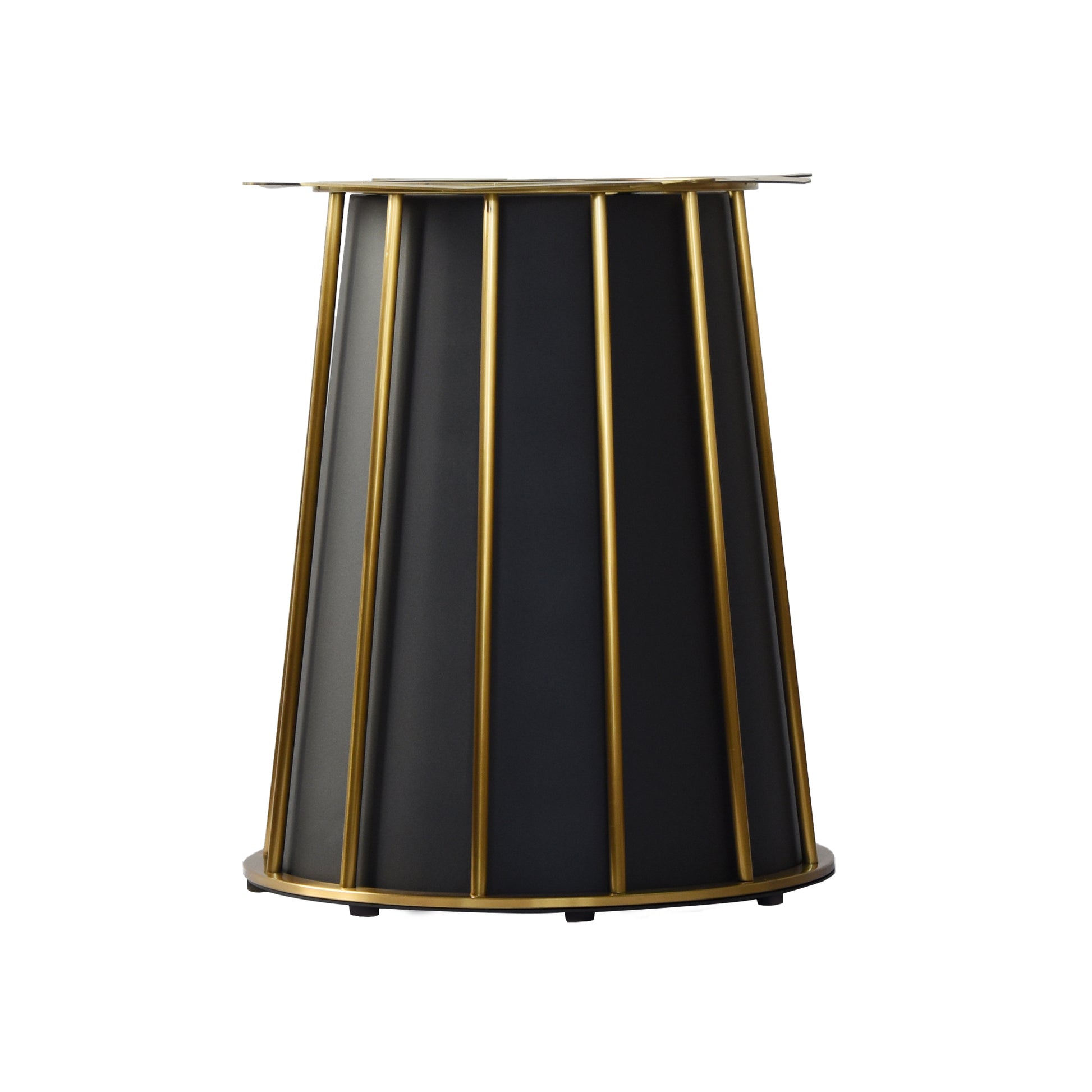 Black metal table base with gold vertical accents