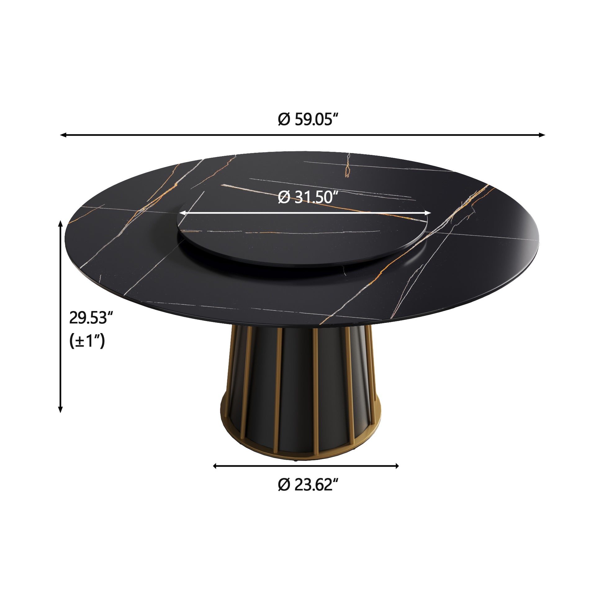 Black marble dining table with gold veining and rotating lazy Susan