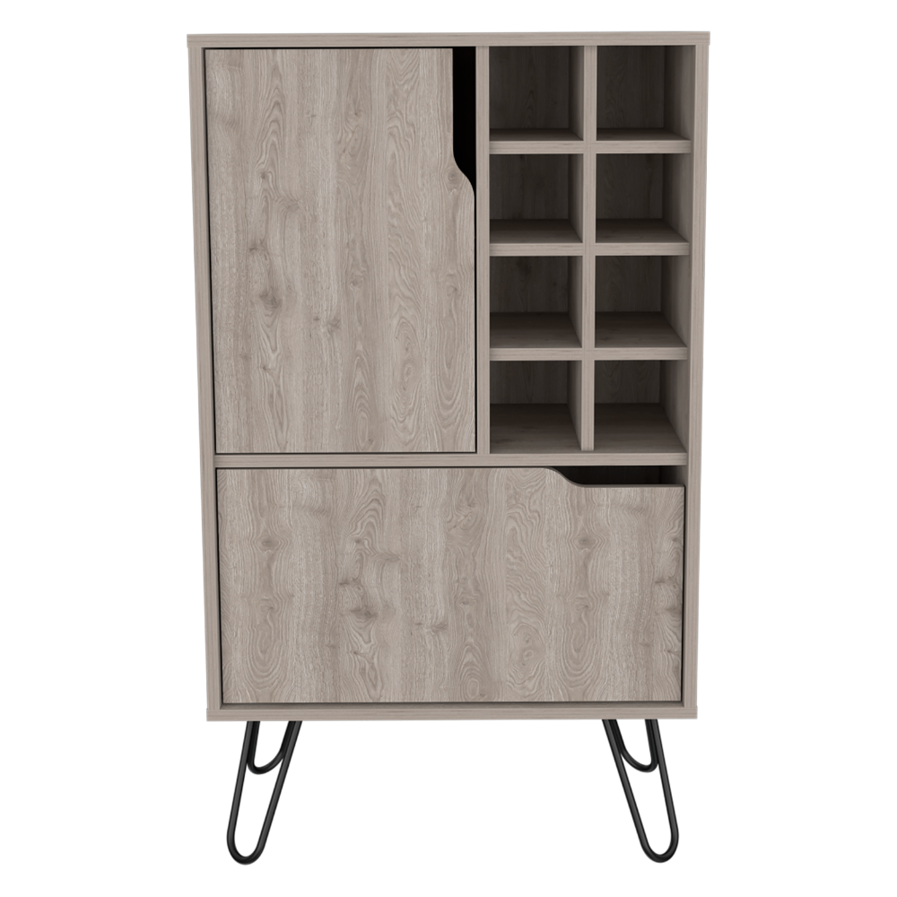 Modern gray wood storage cabinet with sliding door and  open shelves
