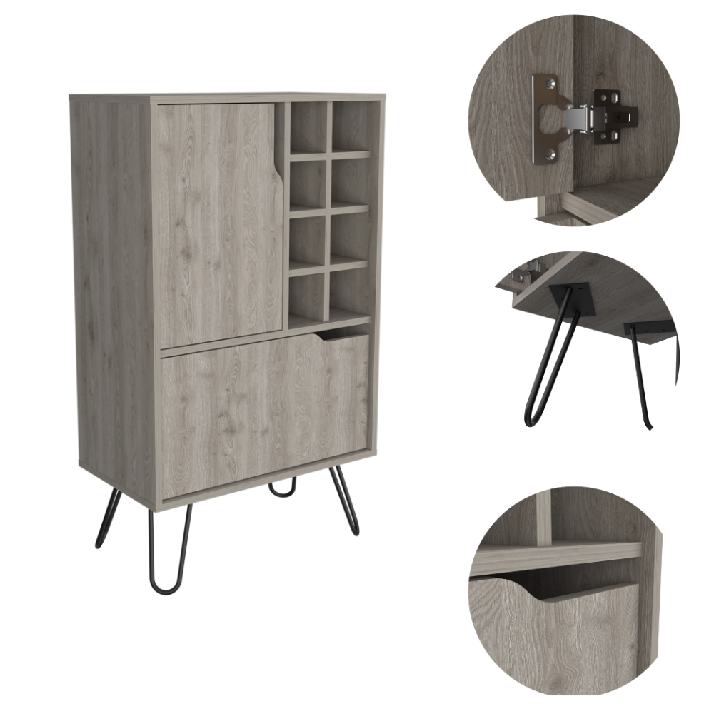 Gray wood modern bar cabinet with wine rack and hairpin legs