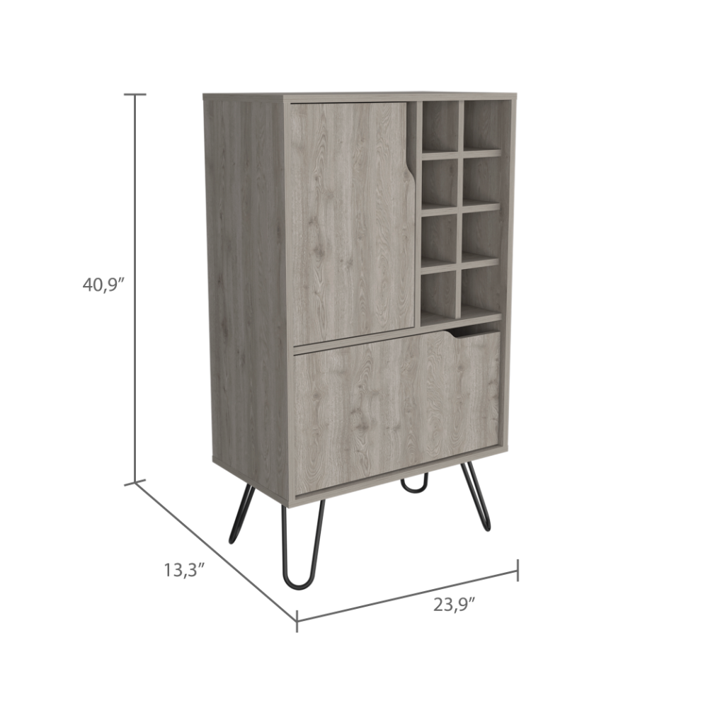Gray wood wine cabinet with sliding door and nine bottle cubbies