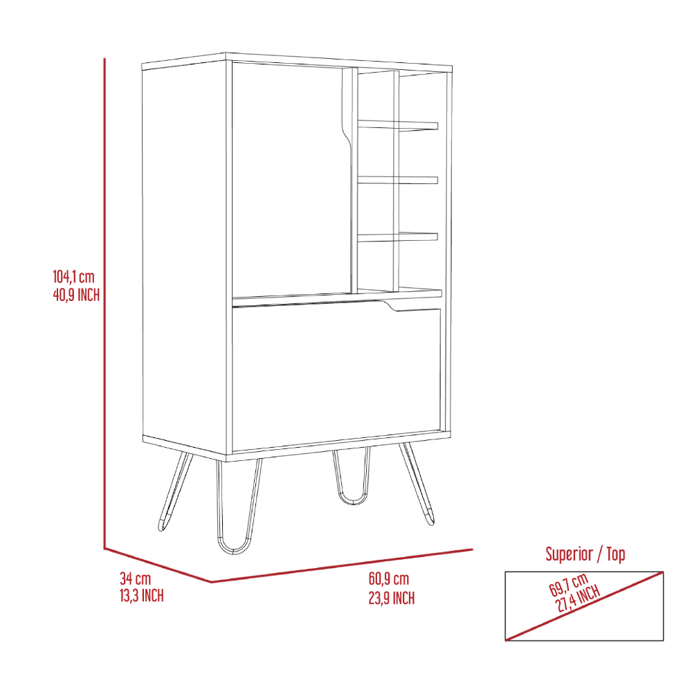 Line drawing of a white shelving cabinet with midcentury modern hairpin legs