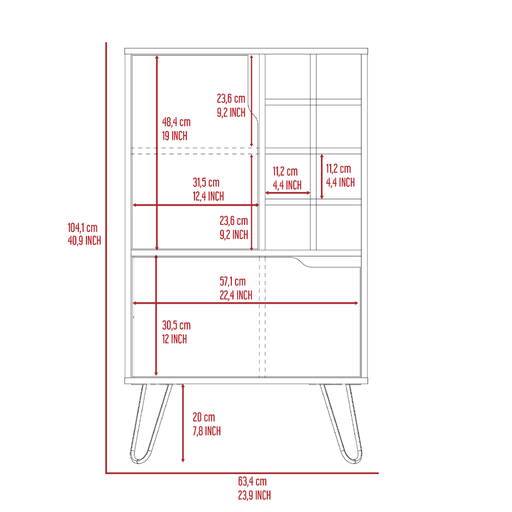 Blueprint of a midcentury modern sideboard with dimensions shown