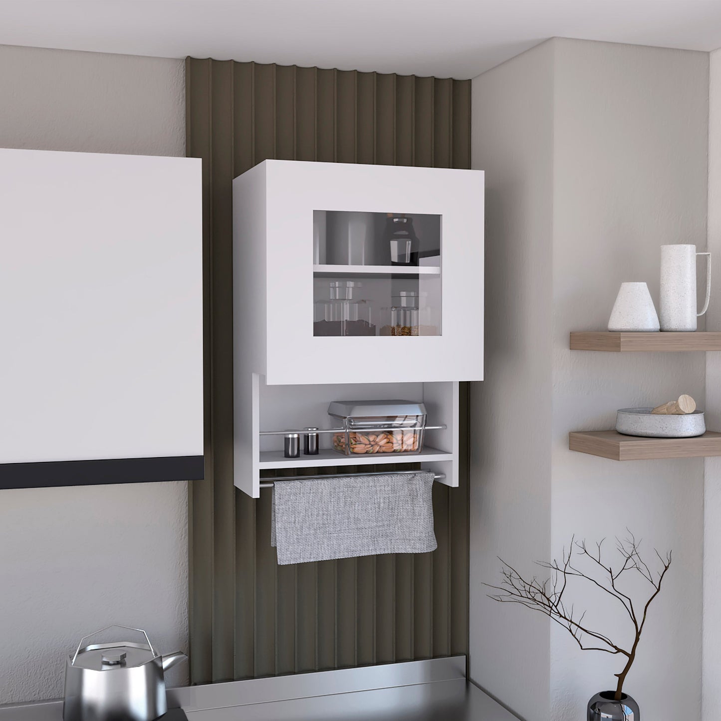 White wall cabinet with glass door displaying jars