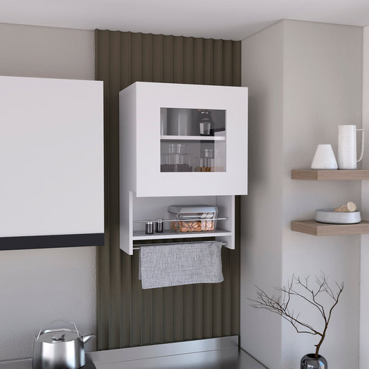 White wall cabinet with glass door displaying jars