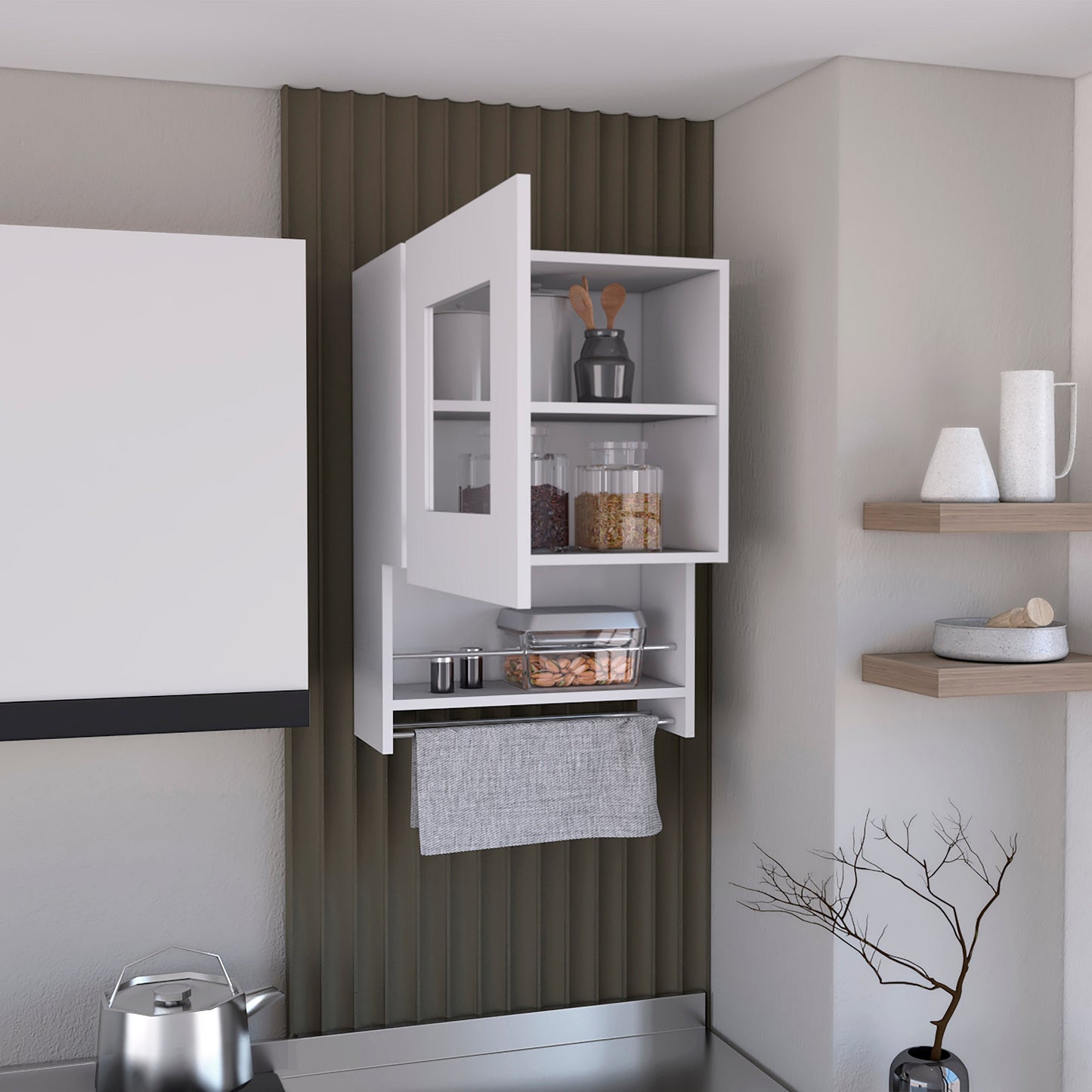 White wallmounted kitchen cabinet with glass door and towel rack