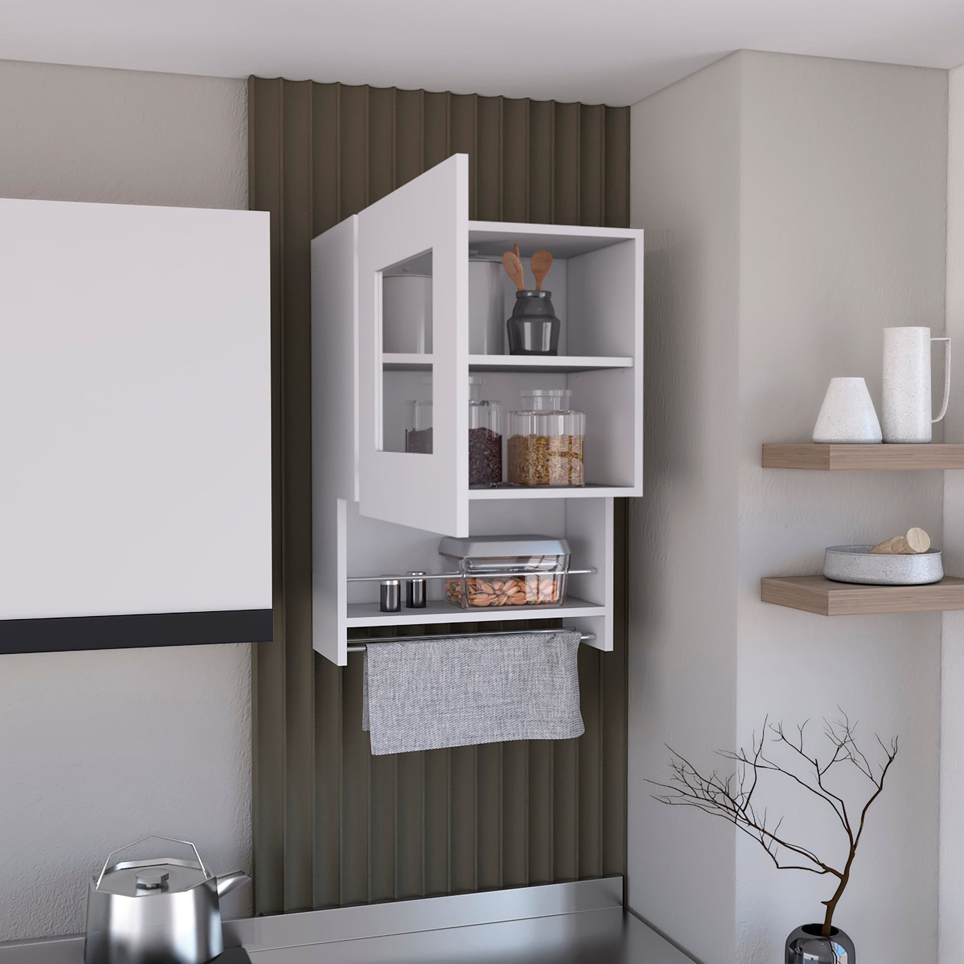 White wallmounted kitchen cabinet with glass door and towel rack