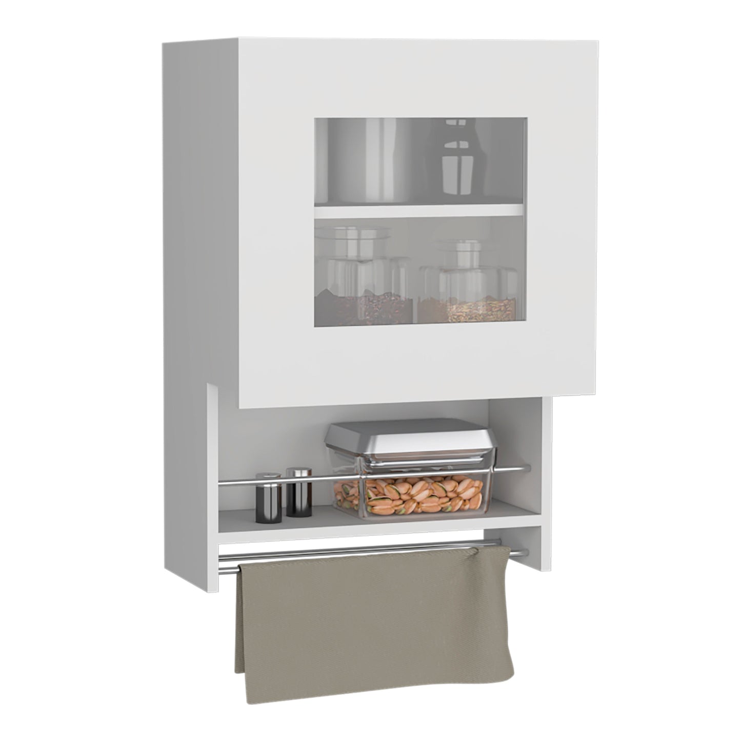 White kitchen cabinet with glass door displaying spice jars