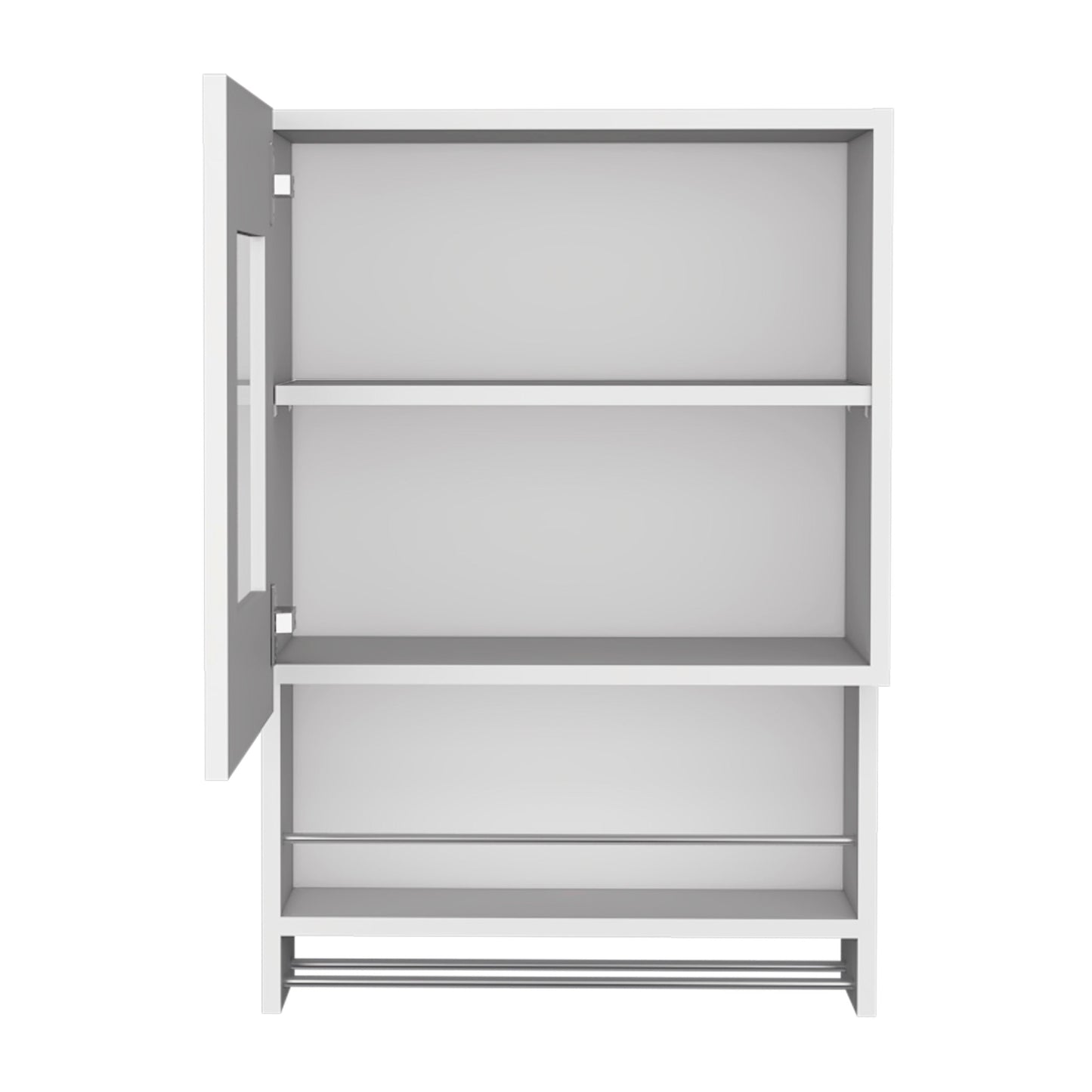 White modern medicine cabinet with open door and shelves