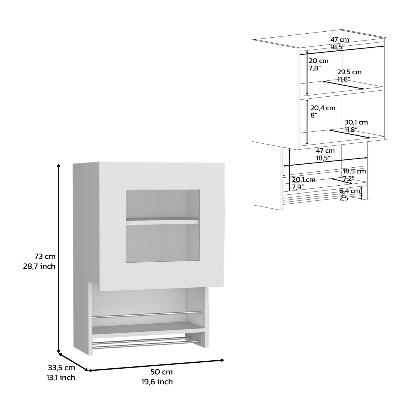 White kitchen wall cabinet with glass door and two open shelves below